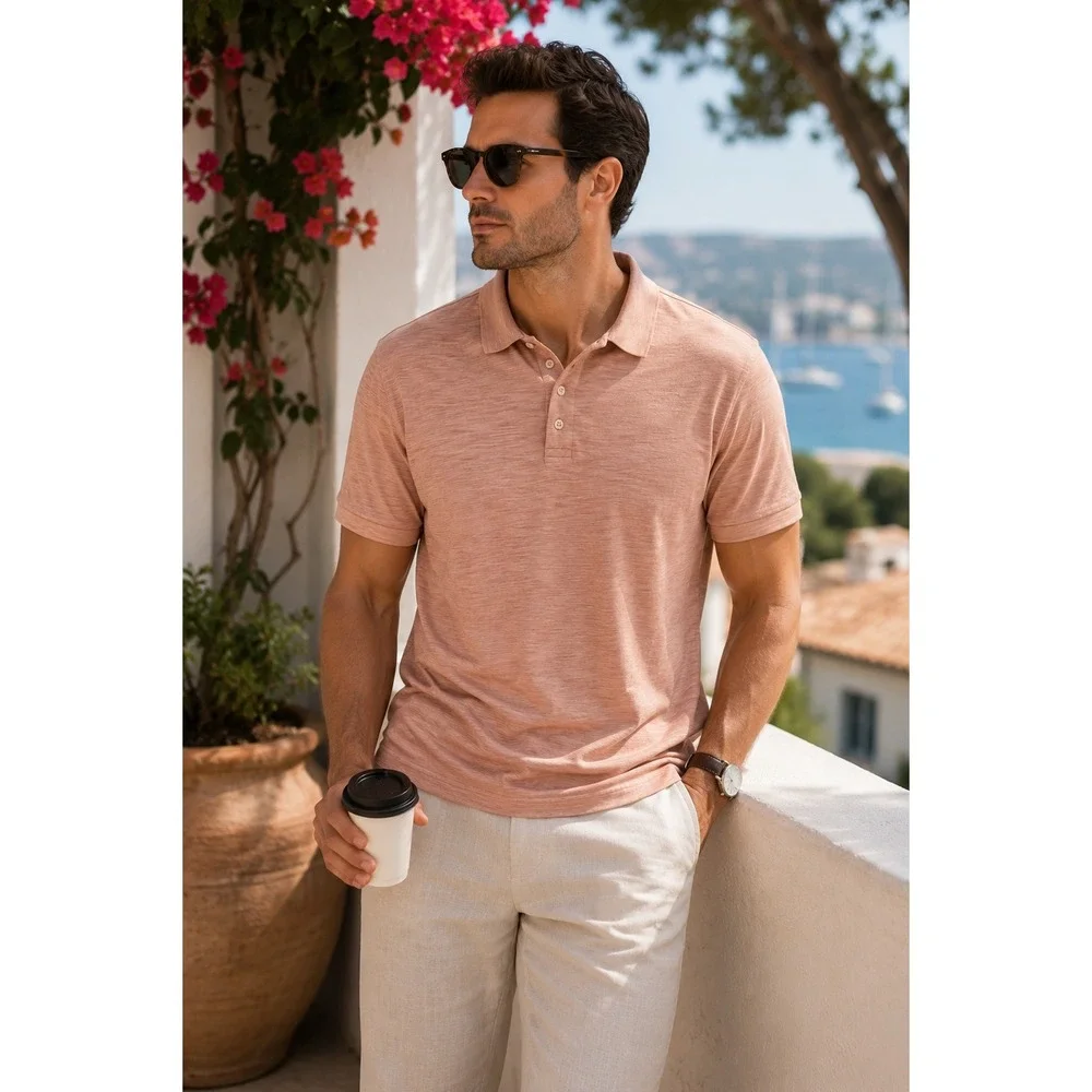 Vince Mens Slub Cotton Polo Shirt Peach Pink Medium Minimalist‎ Luxe